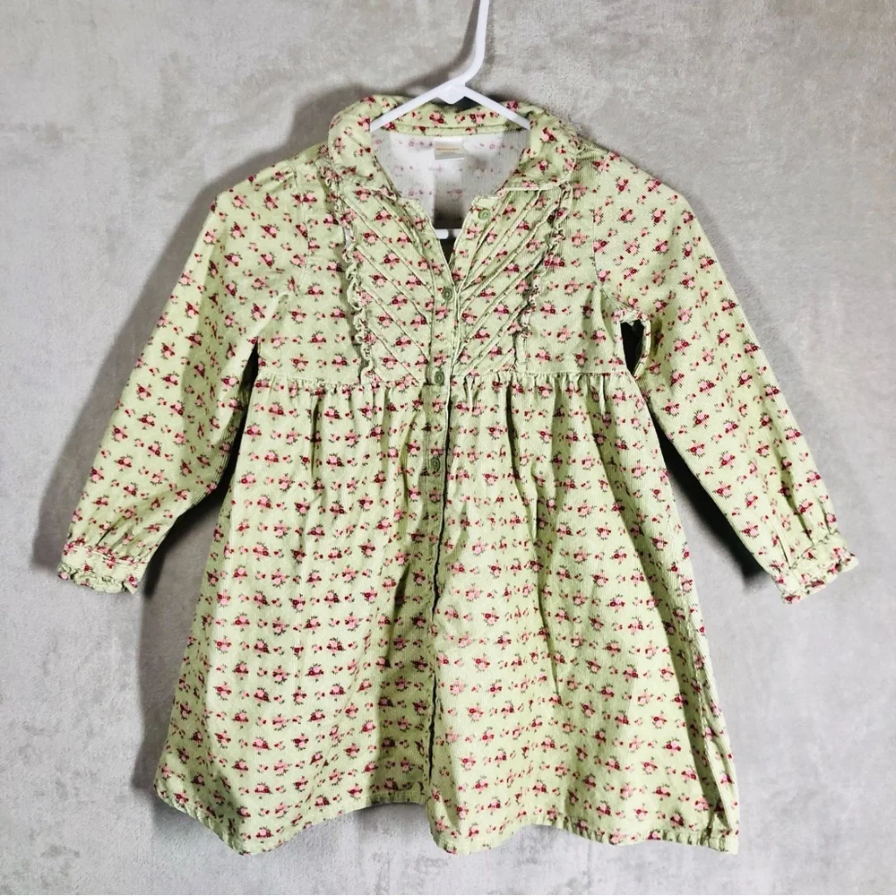 Vintage Style Floral Corduroy Dress Kids‎ 7 Green Pink Ruffles Prairie Cottage